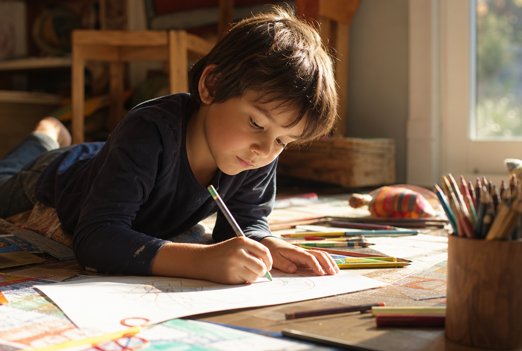 Niño dibujando concentrado con ceras de colores en el suelo