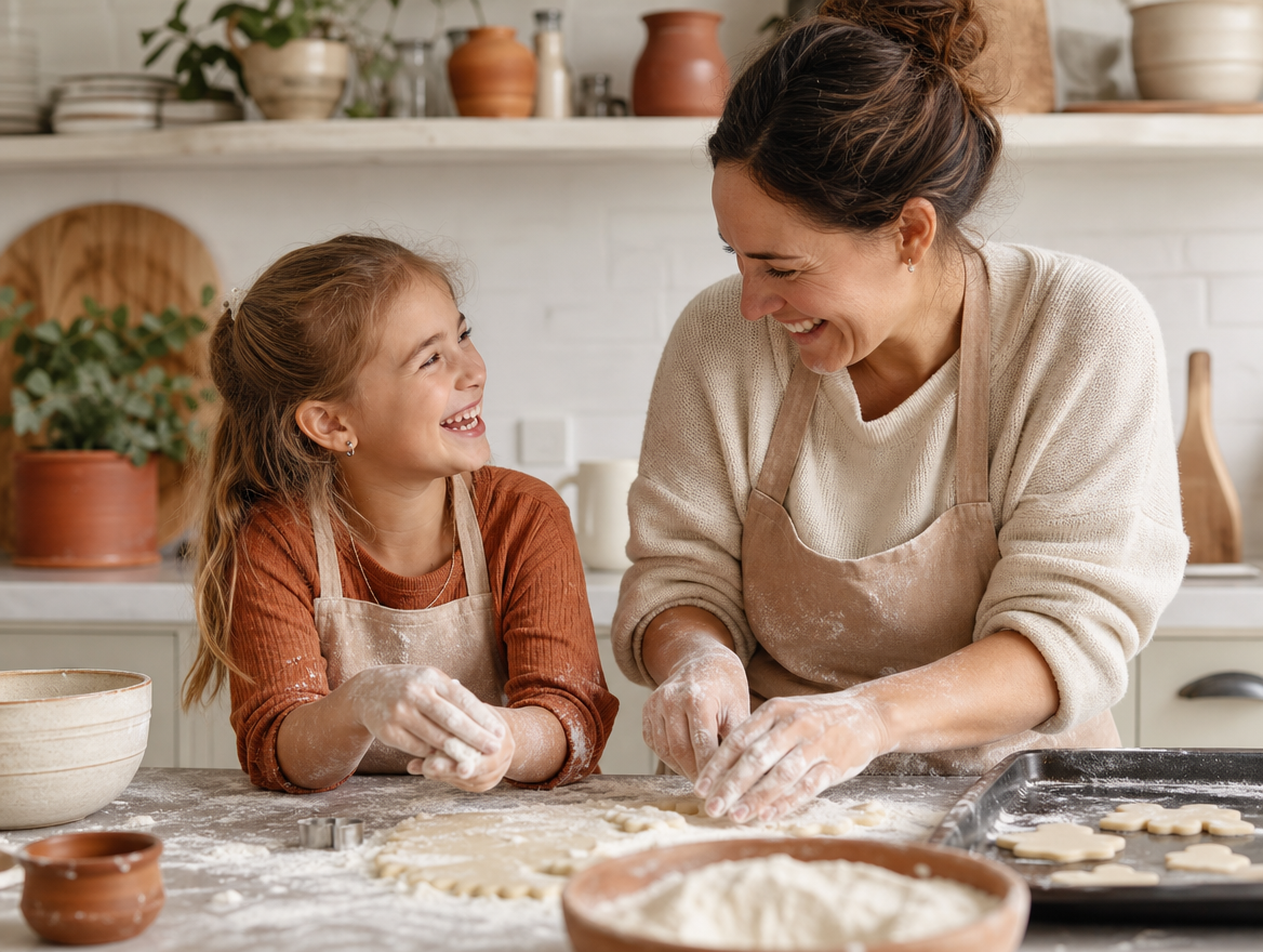 Madre e hija cocinando sonrientes juntas en la cocina