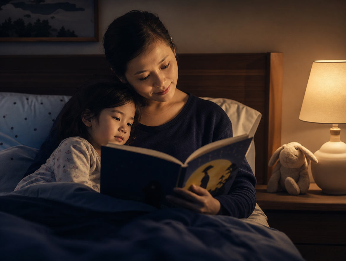 Madre leyendo un cuento con su hijo en la cama con luz tenue